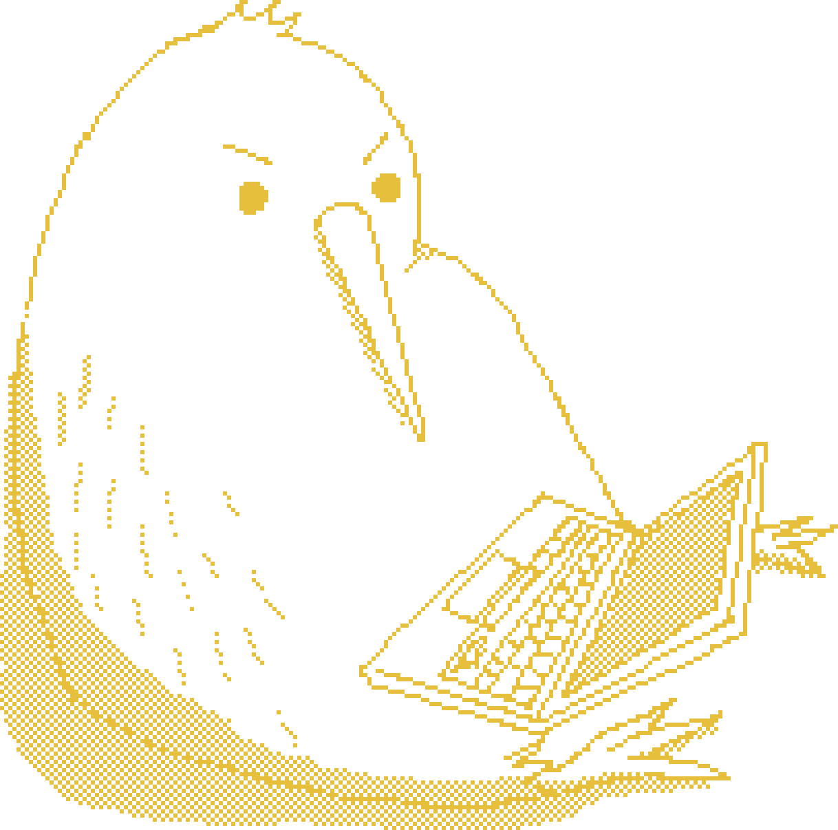 Un kiwi dibujado en dorado programando en una laptop